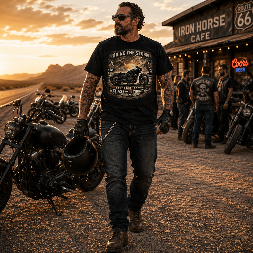 Unisex "Riding The Storm Chase The Thunder" Motorcycle Graphic T Shirt