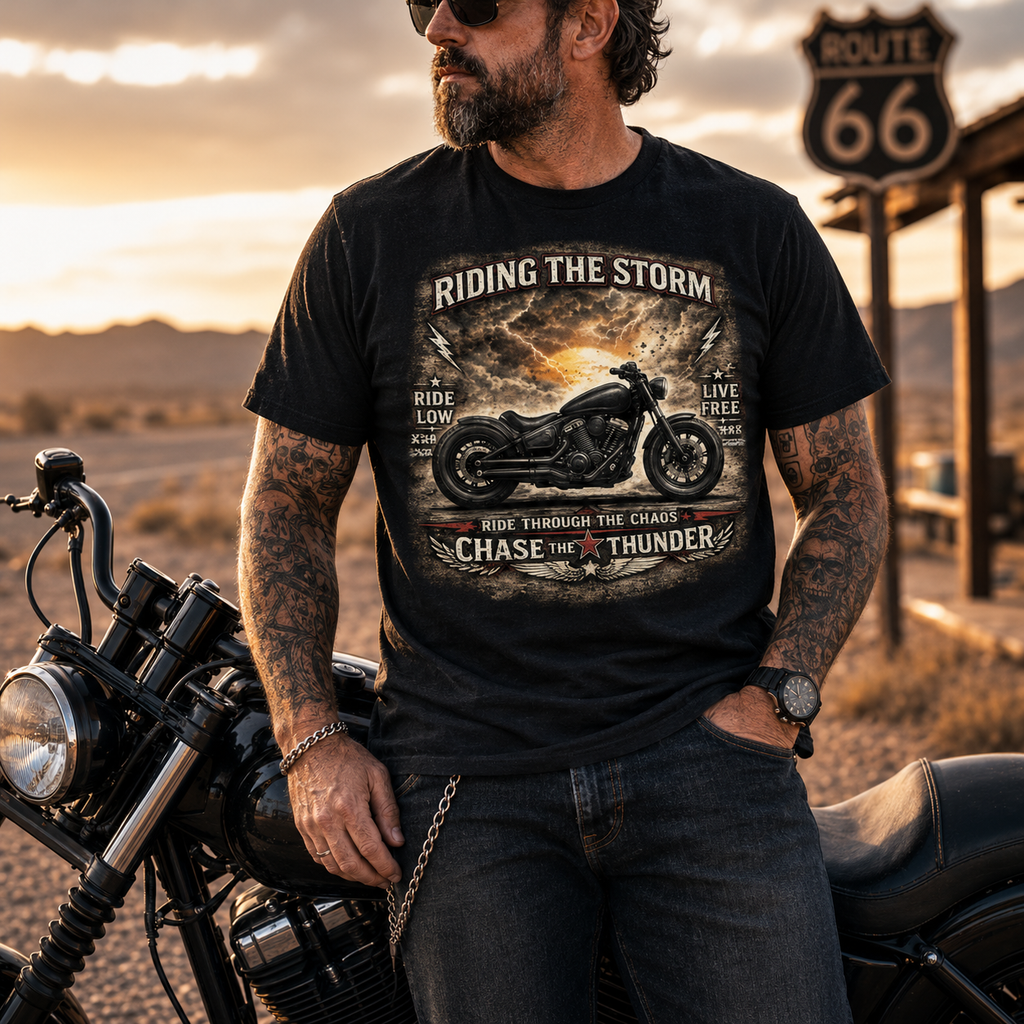 Unisex "Riding The Storm Chase The Thunder" Motorcycle Graphic T Shirt