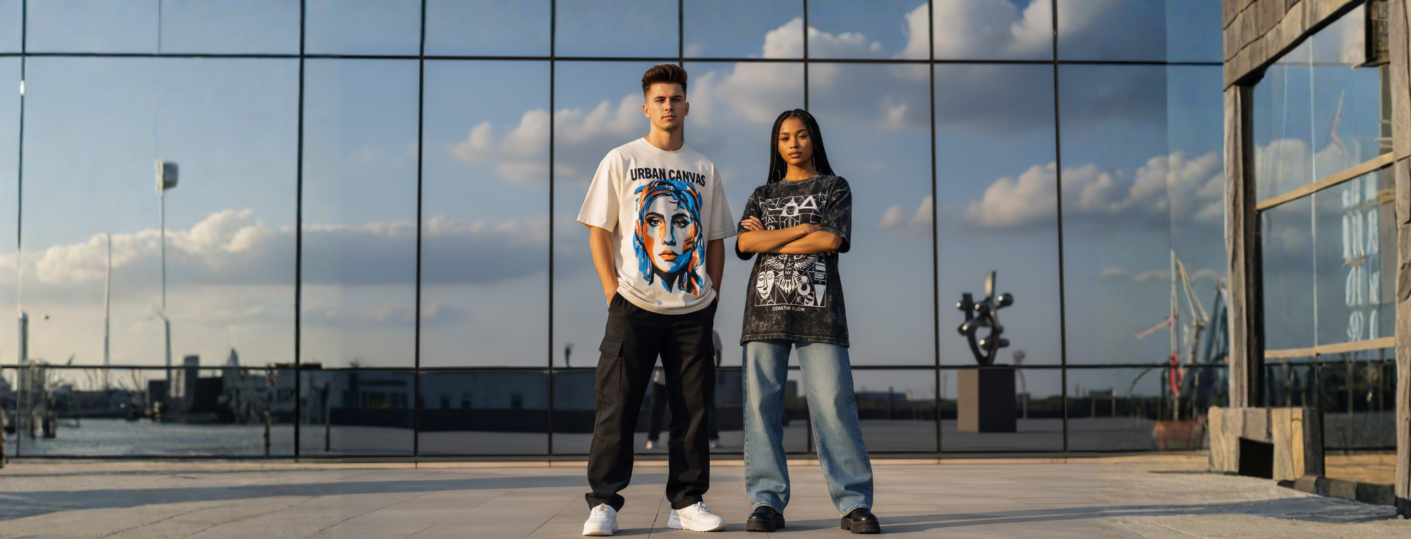 Two people standing in front of a large glass building with reflections of clouds.
