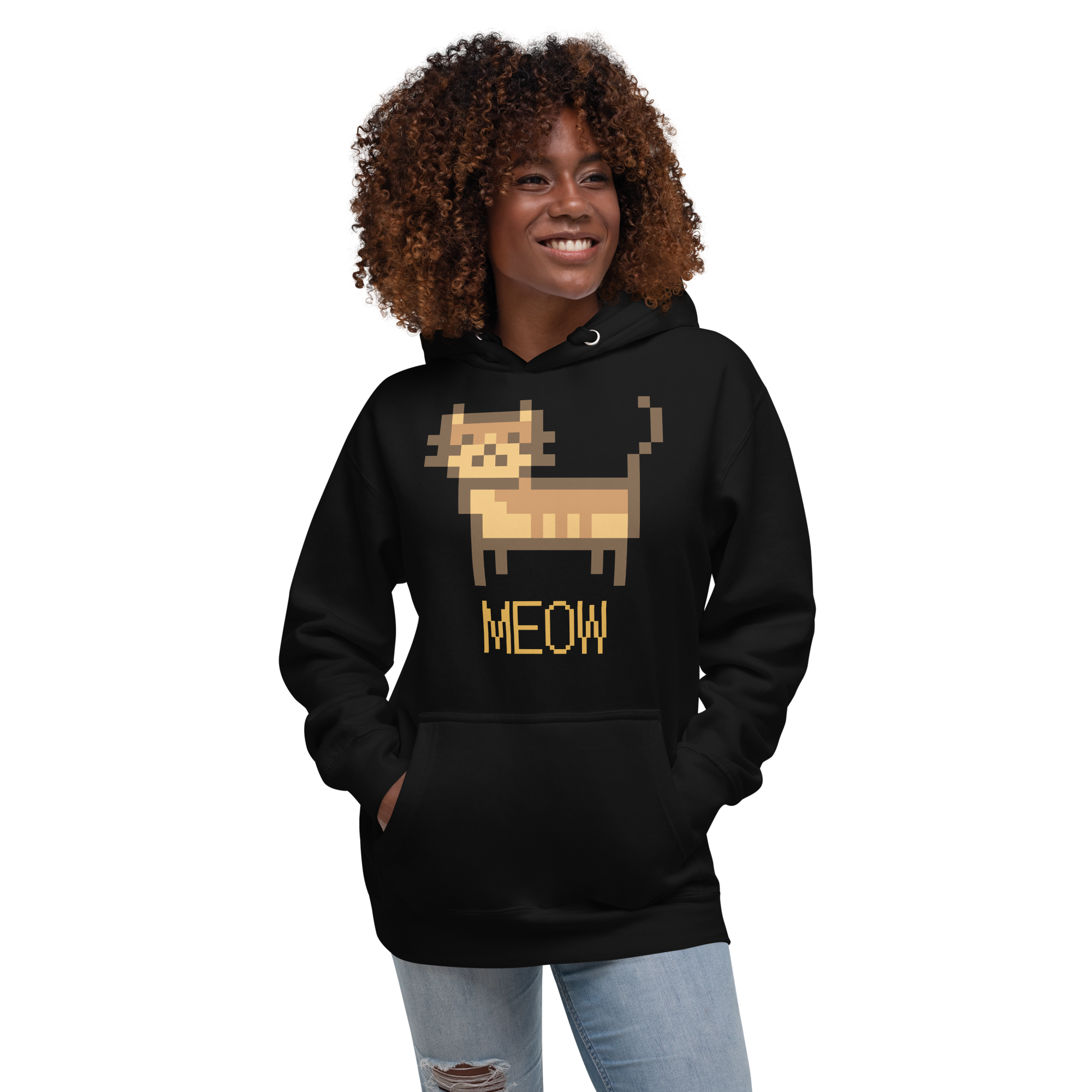 Unisex Pixel Cat Meow Premium Pullover Graphic Hoodie black