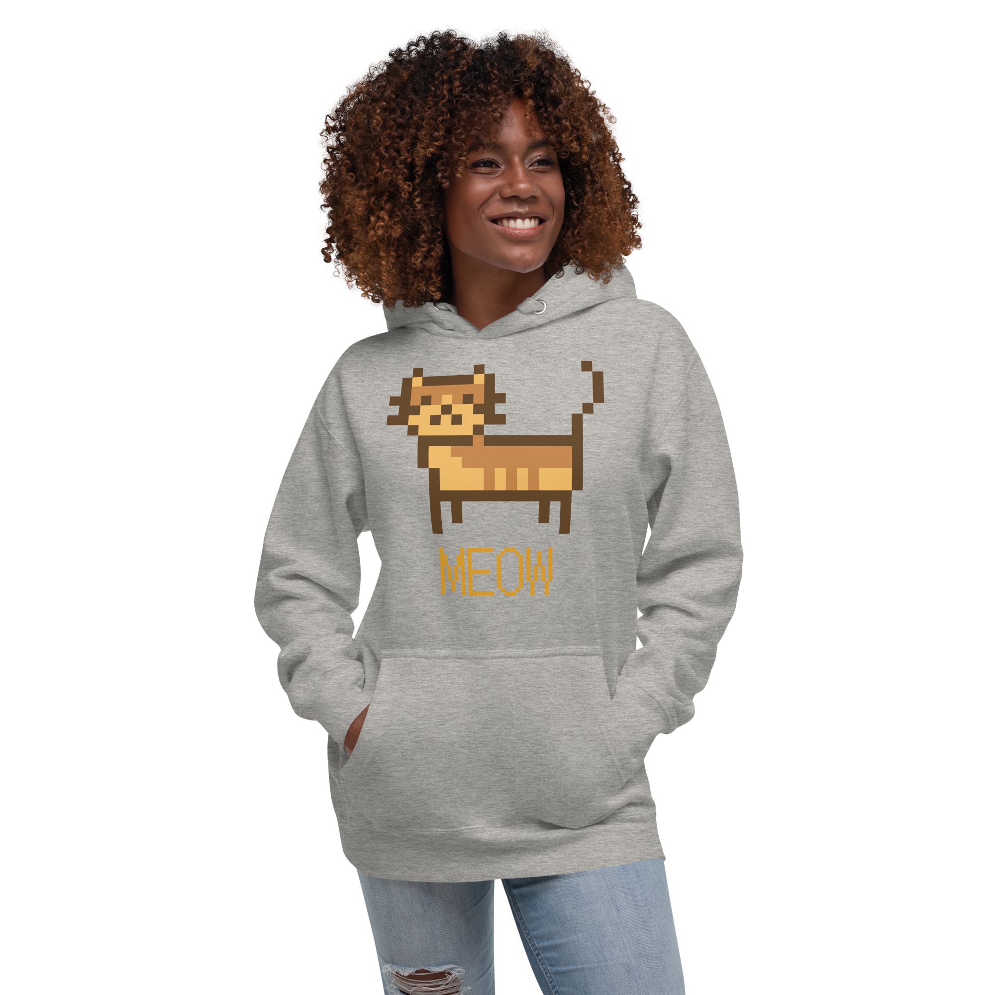 Unisex Pixel Cat Meow Premium Pullover Graphic Hoodie latte
