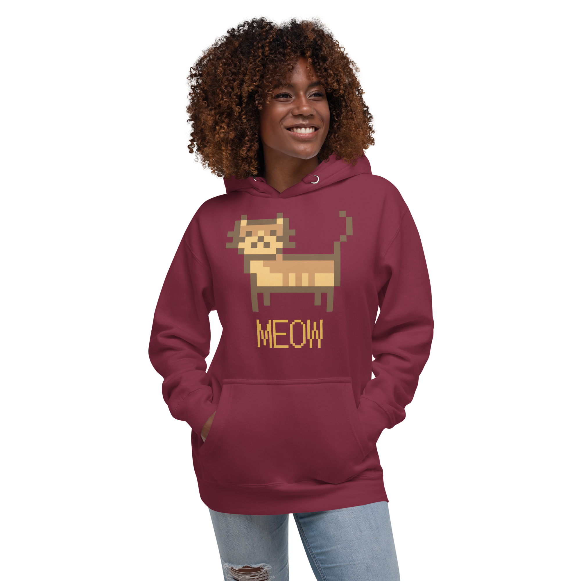 Unisex Pixel Cat Meow Premium Pullover Graphic Hoodie black