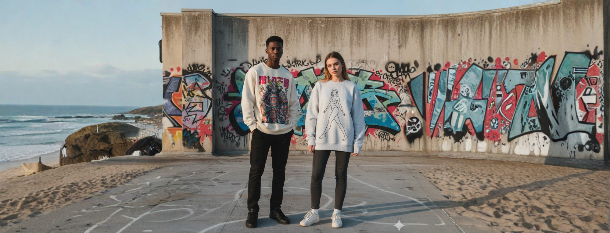 Two people standing on a beach with graffiti-covered wall in the background