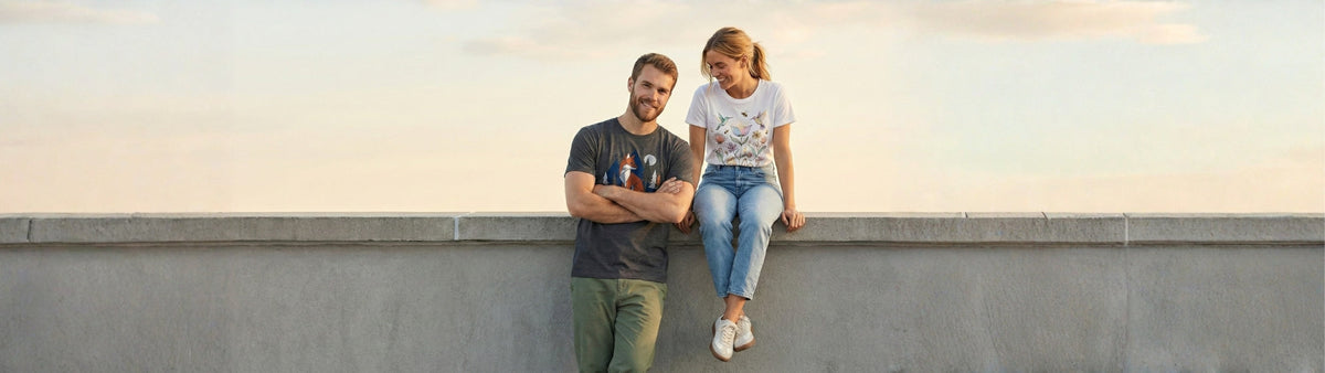 Two people sitting on a ledge with a plain background