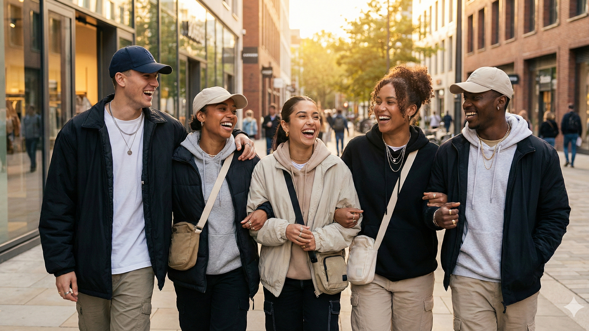 Five friends walking together on a city street, laughing and enjoying each other's company.