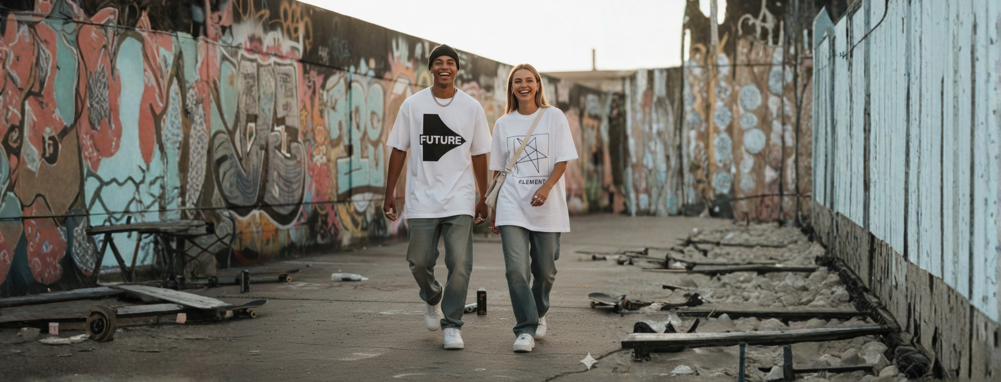 Two people walking in an urban setting with graffiti on walls.