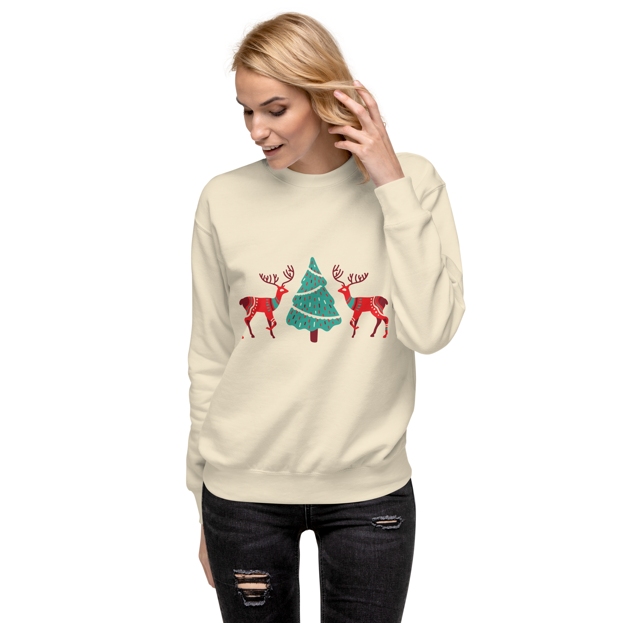 Unisex Reindeer With Christmas Tree Premium Printed Sweatshirt navy-blazer