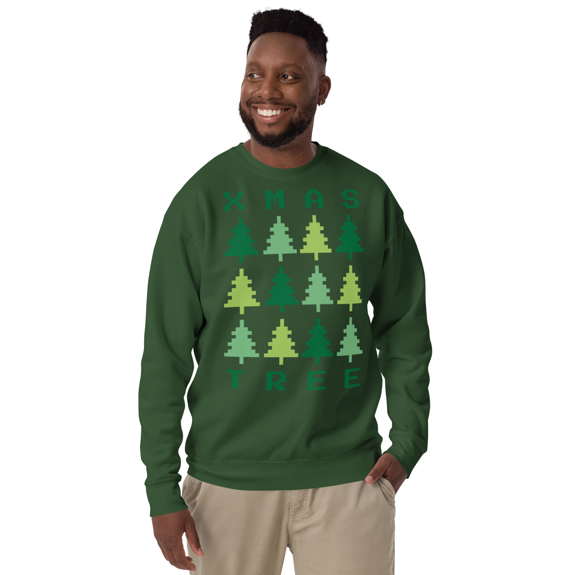 Unisex Xmas Tree Retro Premium Printed Sweatshirt forest-green