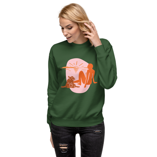 Unisex Woman With Cat Premium Printed Sweatshirt forest-green