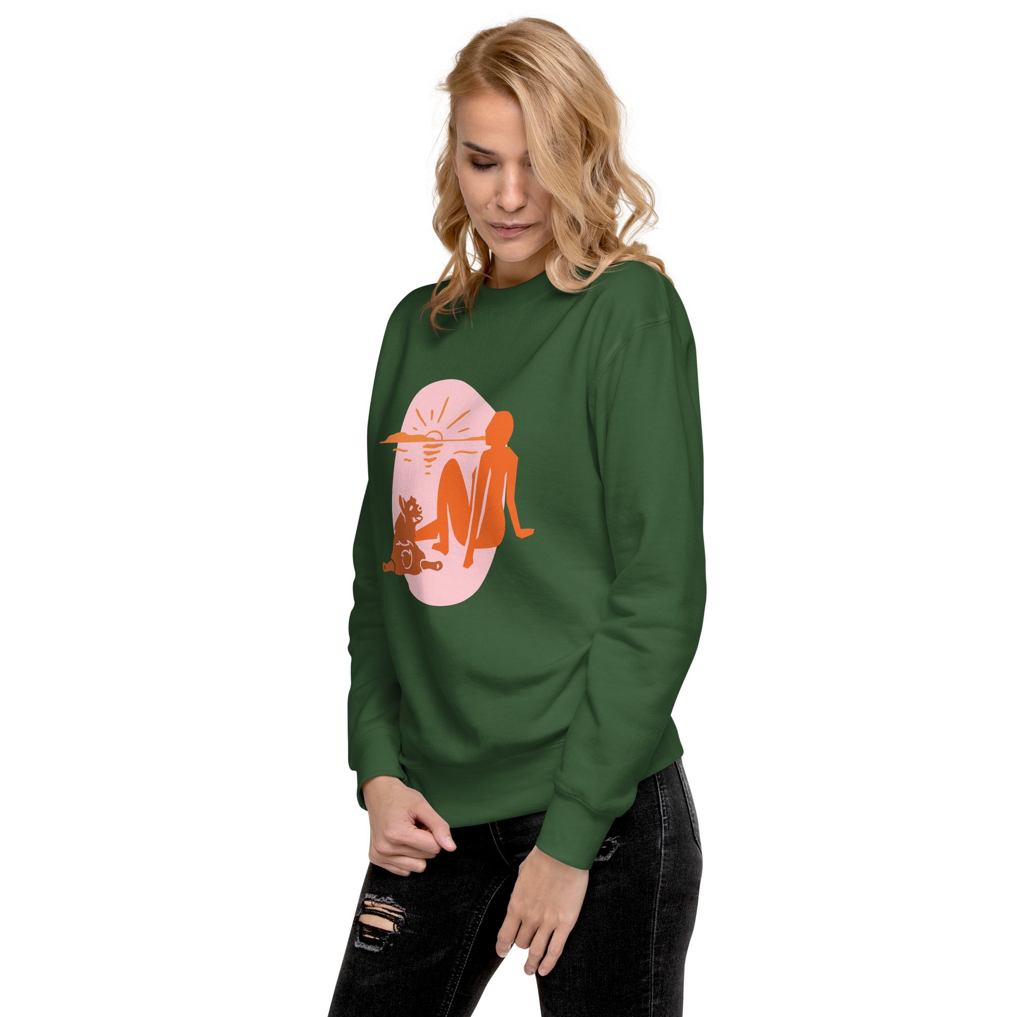 Unisex Woman With Cat Premium Printed Sweatshirt forest-green