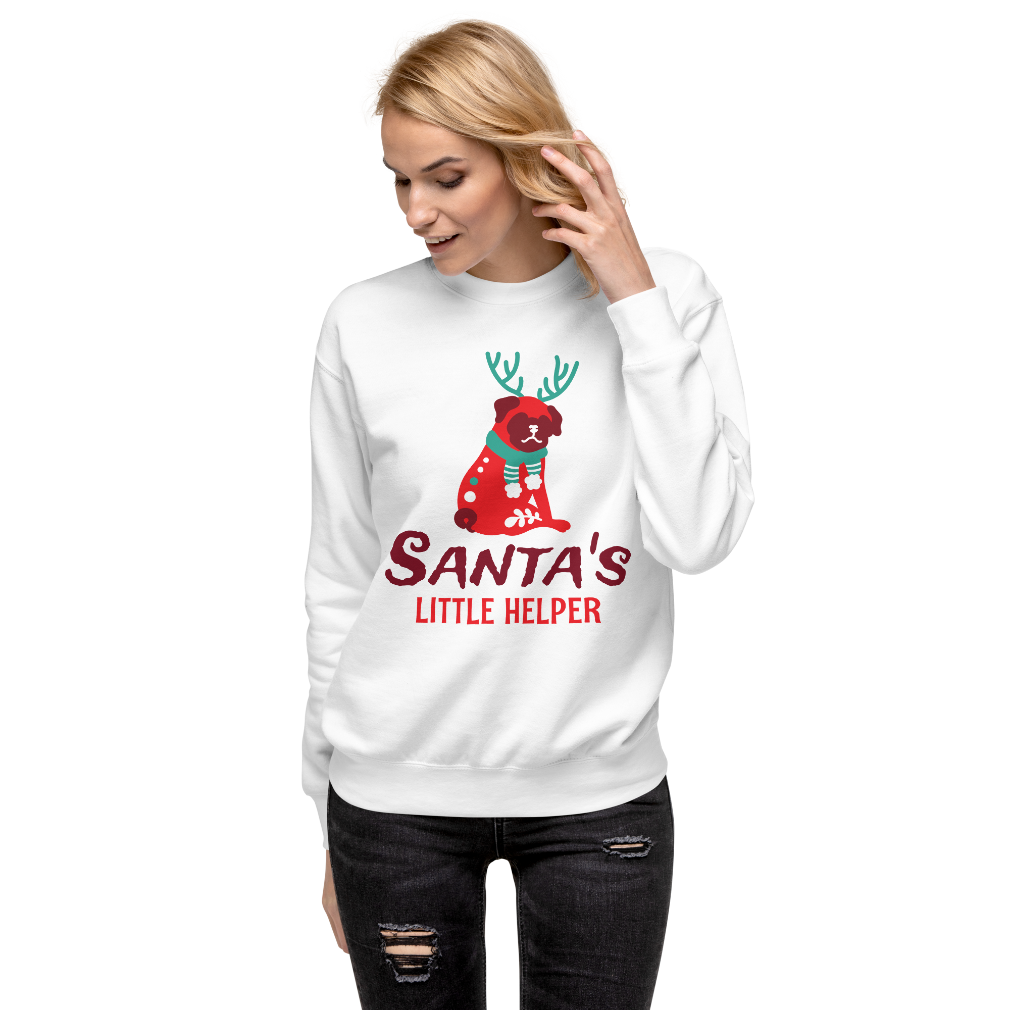 Unisex Santas Little Helper Dog Premium Printed Sweatshirt white