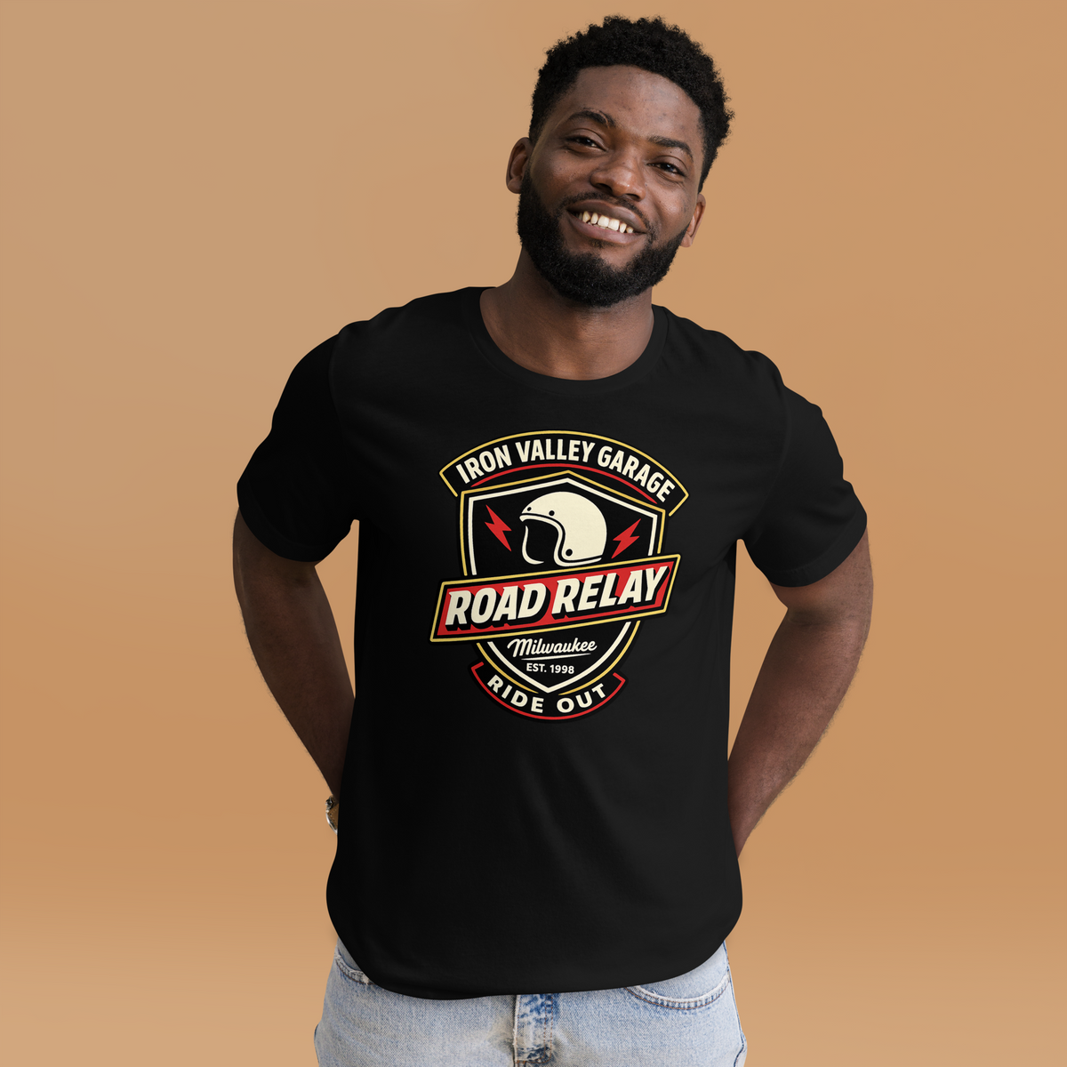 Iron Valley Garage Road Relay Vintage Motorcycle Graphic Tee black t-shirt front mockup