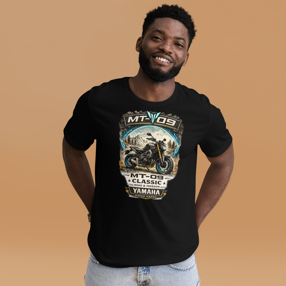 MT-09 Classic Yamaha Vintage Motorcycle Graphic Tee black t-shirt front mockup