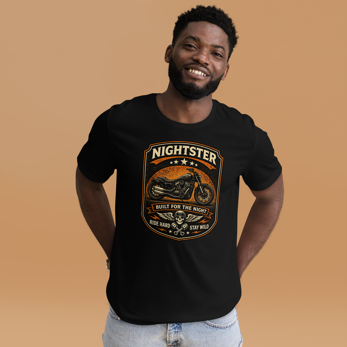 Nightster Built For The Night Ride Hard Stay Wild Motorcycle Graphic Tee black t-shirt front mockup