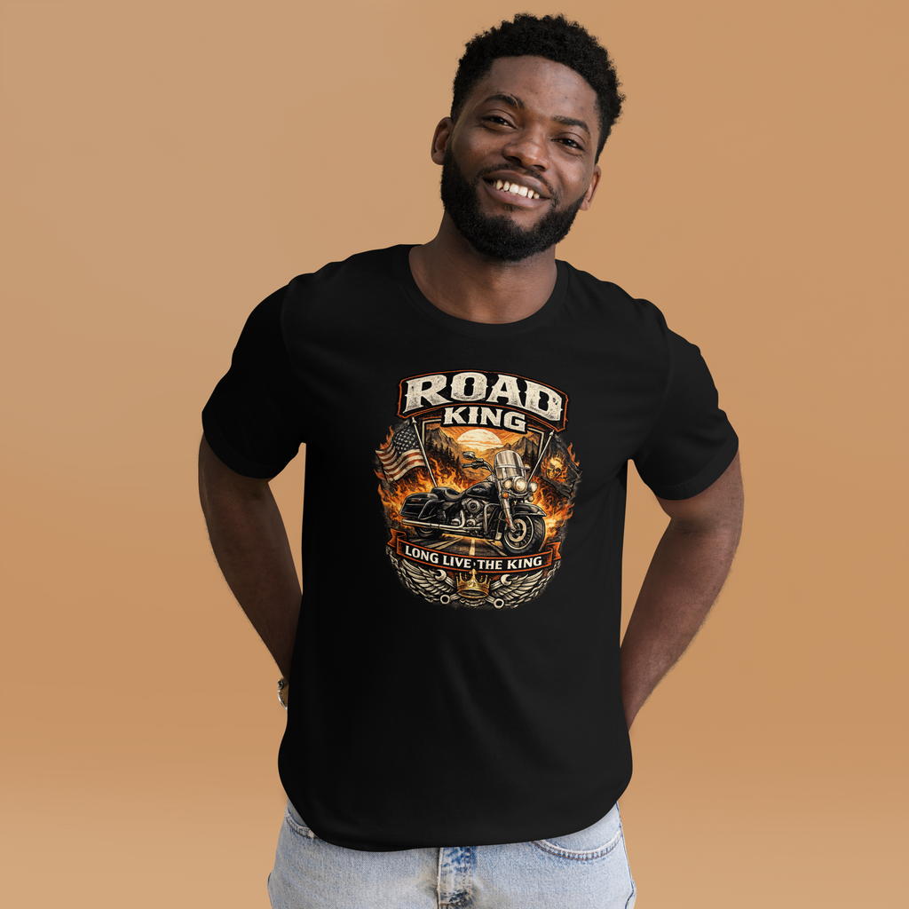 Road King Long Live The King Vintage Motorcycle Graphic Tee black t-shirt front mockup