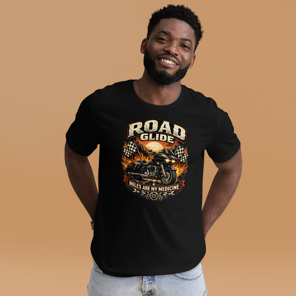 Road Glide Miles Are My Medicine Vintage Motorcycle Graphic Tee black t-shirt front mockup
