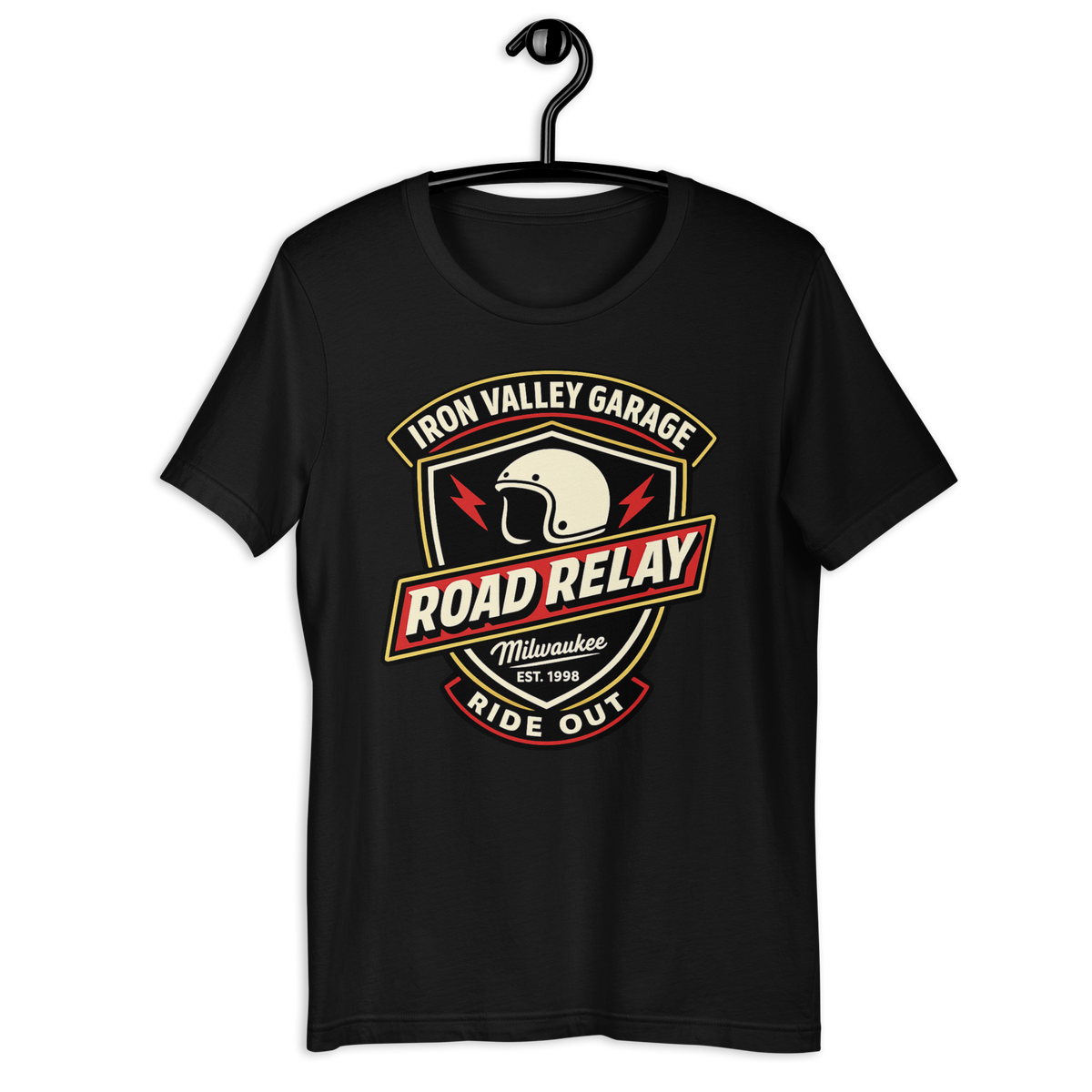 Iron Valley Garage Road Relay Vintage Motorcycle Graphic Tee black unisex tee mockup