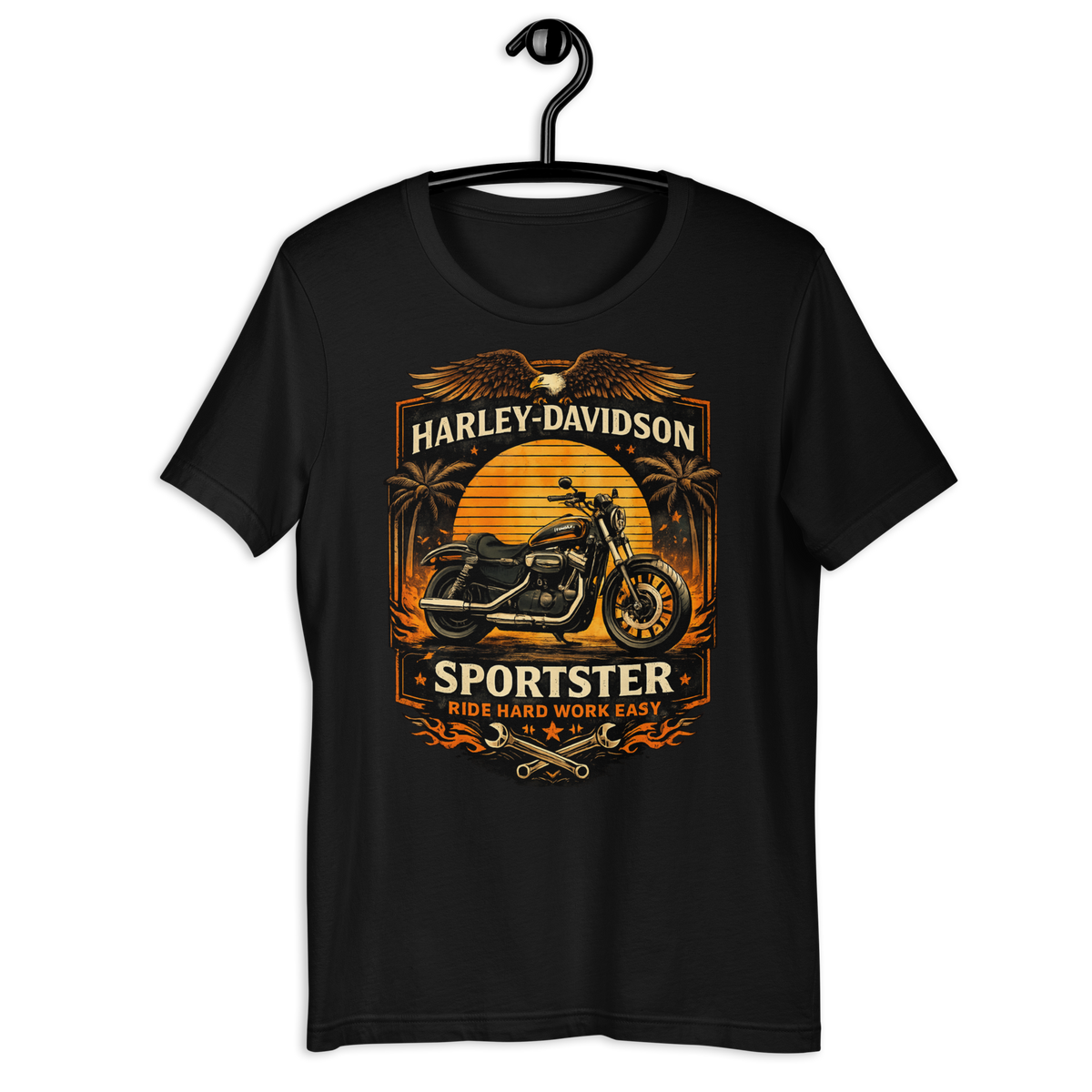 Sportster Ride Hard Work Easy Vintage Motorcycle Graphic Tee black unisex tee mockup