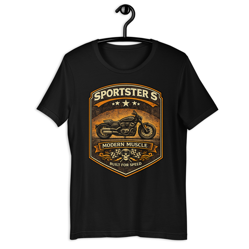 Sportster S Modern Muscle Built For Speed Vintage Motorcycle Graphic Tee black unisex tee mockup