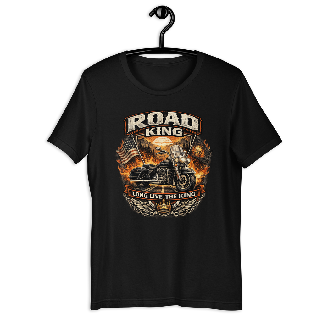 Road King Long Live The King Vintage Motorcycle Graphic Tee black unisex tee mockup