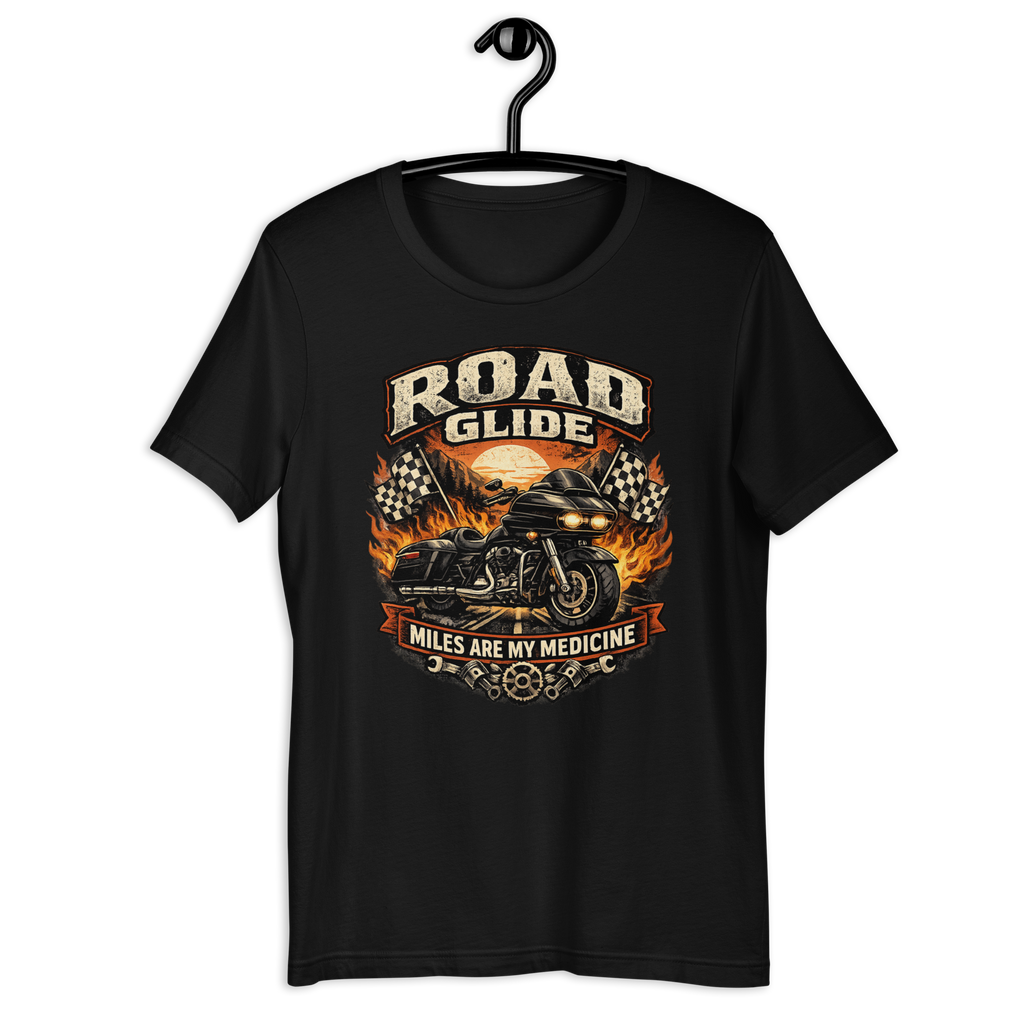 Road Glide Miles Are My Medicine Vintage Motorcycle Graphic Tee black unisex tee mockup