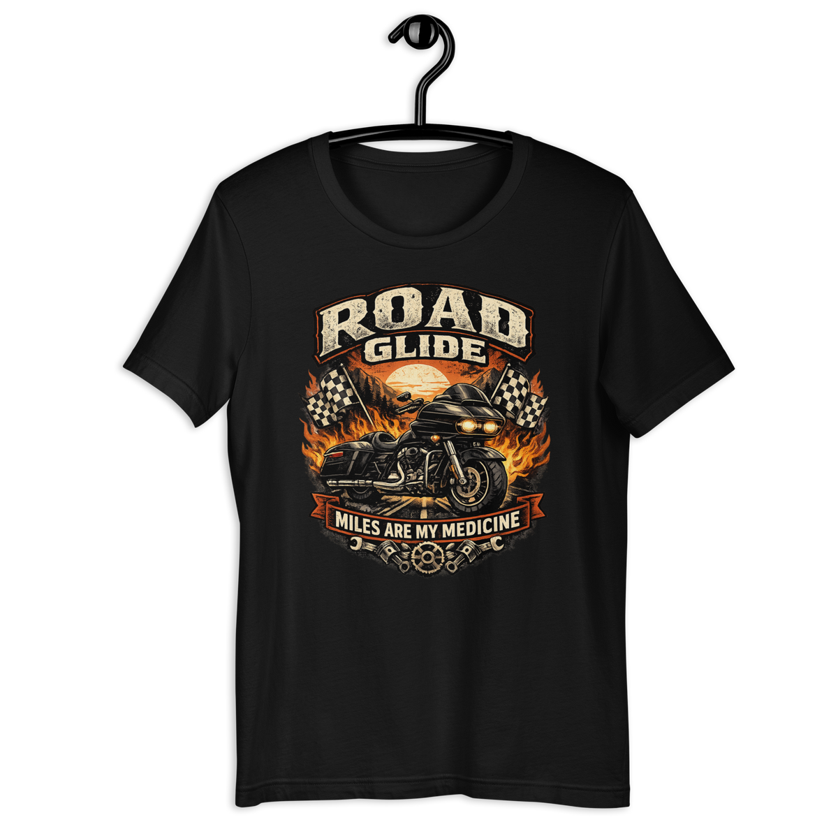 Road Glide Miles Are My Medicine Vintage Motorcycle Graphic Tee black unisex tee mockup