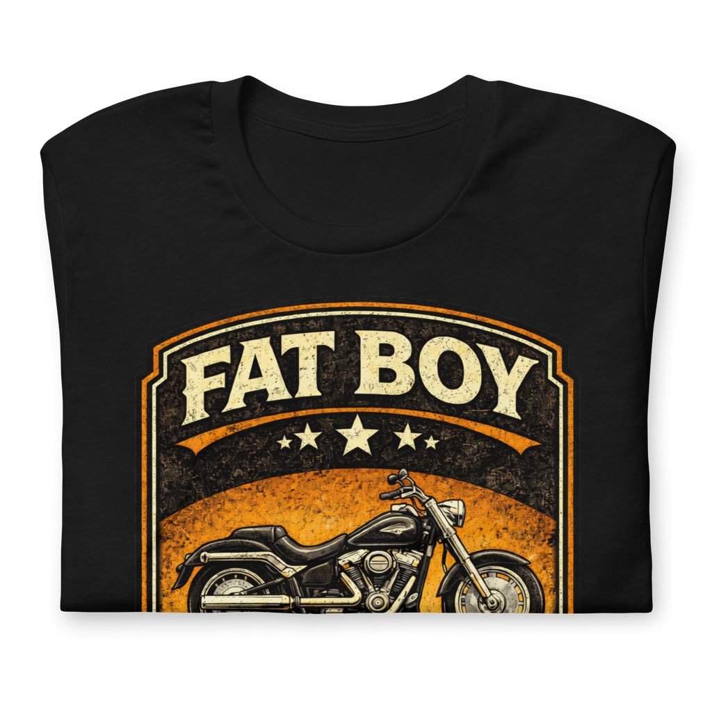 Fat Boy Built Like A Tank Motorcycle Graphic Tee black t-shirt front view