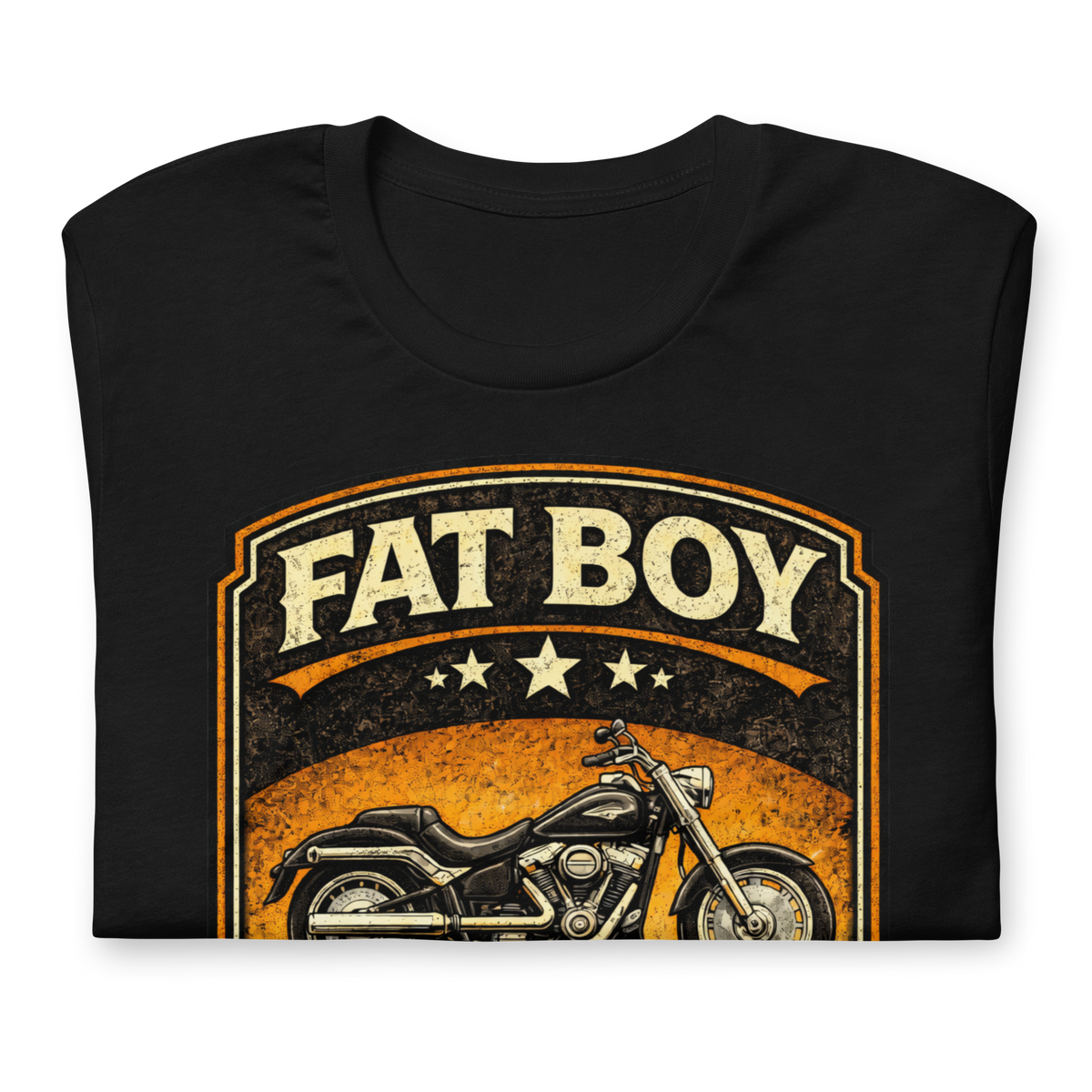 Fat Boy Built Like A Tank Motorcycle Graphic Tee black t-shirt front view